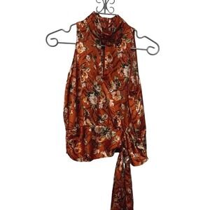 White House Black Market Floral Mock Neck Sleeveless Tie Waist‎ Blouse